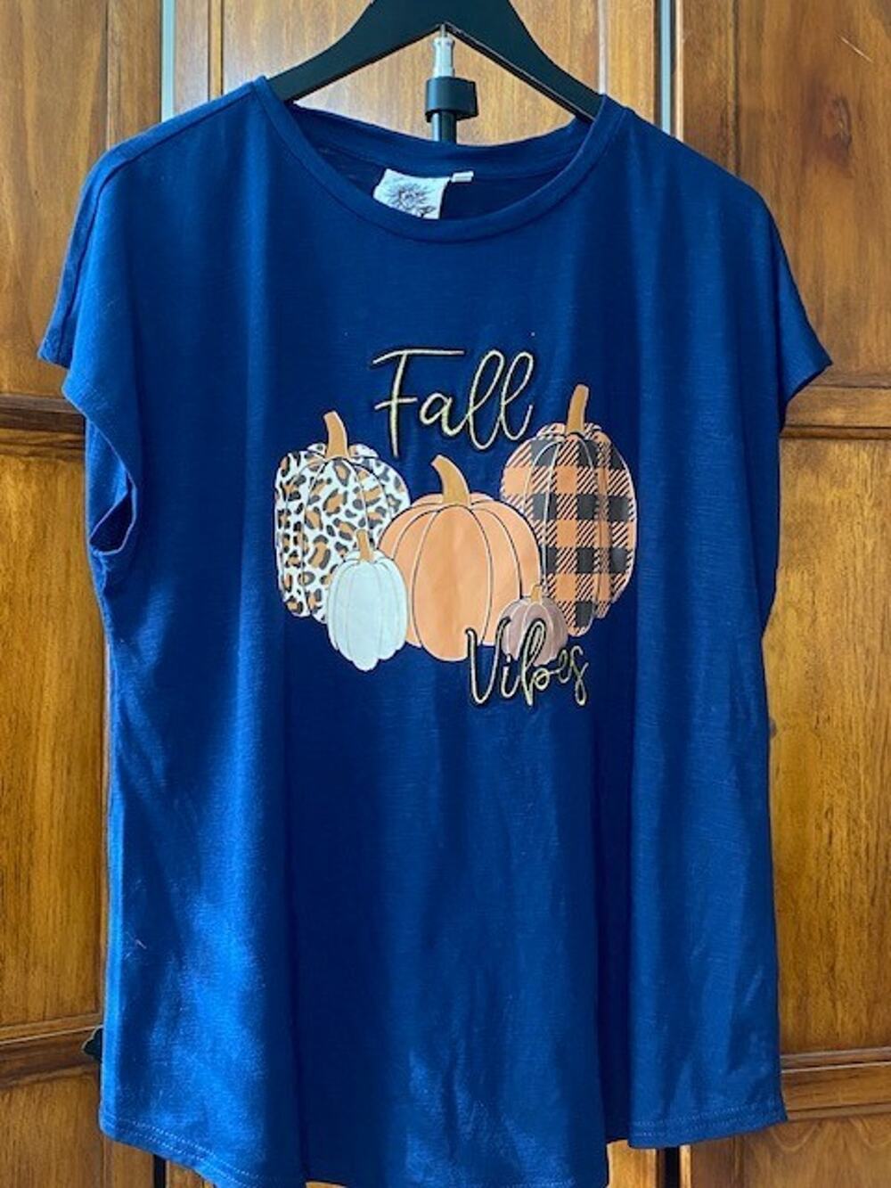 Joei & I Womens XL Fall Vibes Pumpkin Graphic Tee Navy Short Sleeve Stretch Top